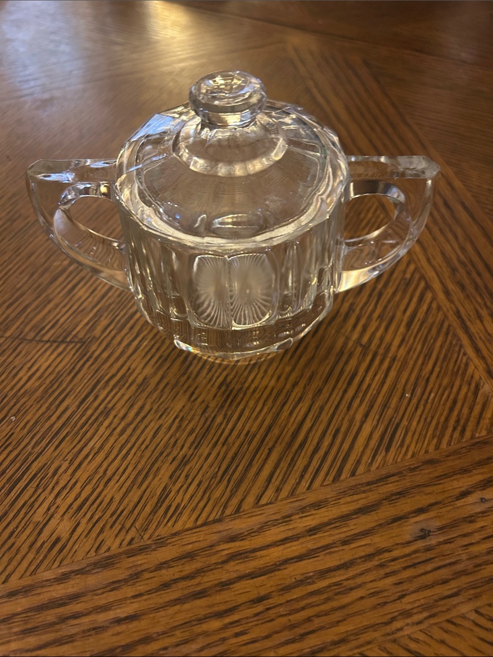 Vintage Clear Glass Sugar Bowl w/ Lid & Handles, Geometric Pattern, Traditional
